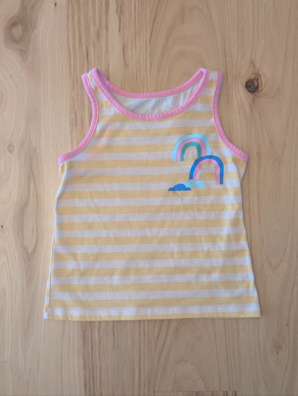 Cat & Jack Yellow and White Striped Tank with Pink Trim and Rainbow Motif